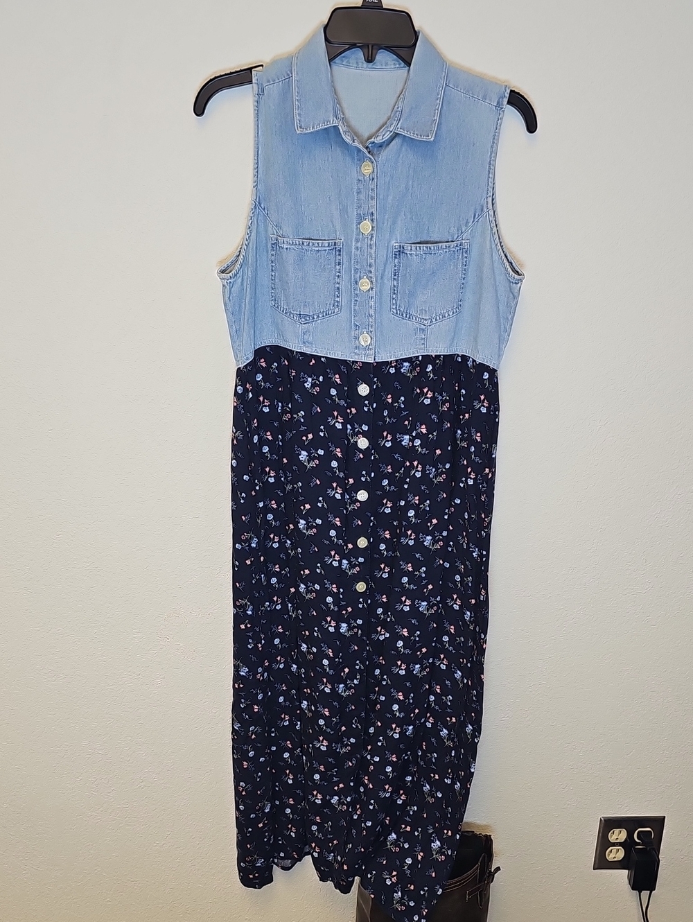 Sleeveless Denim-Top Navy Floral Midi Dress